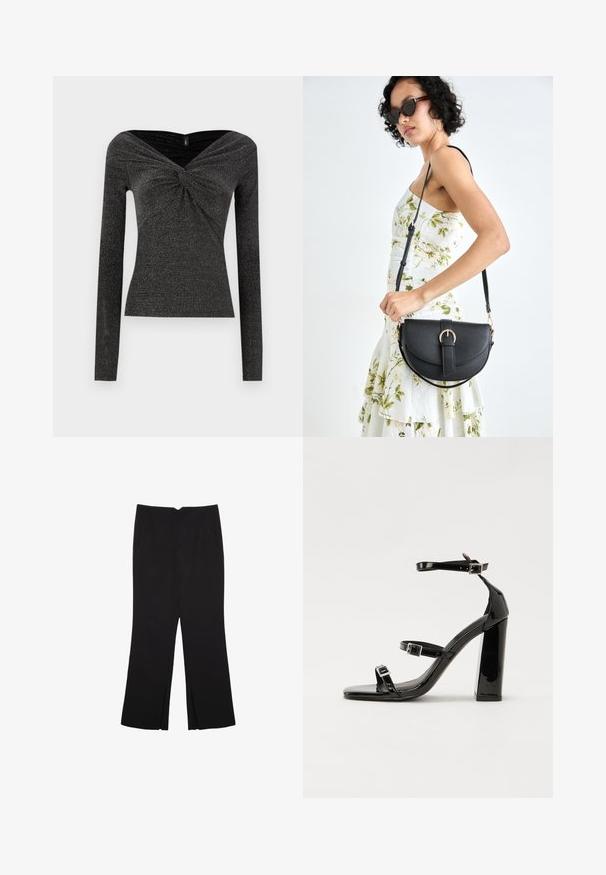 Schwarzes Langarmoberteil mit einem gedrehten Frontdesign, aus einem strukturierten, glitzernden Stoff gefertigt. Merkmale einen weiten, schulterfreien Ausschnitt.; Schwarze Hose mit geradem Schnitt, ausgestattet mit Fronttaschen und Seitenschlitzen am Saum. Hergestellt aus weichem, glattem Stoff. Geeignet für verschiedene Anlässe.; Schwarze patentierte Sandalen mit Absatz, quadratischer Spitze, Knöchelriemen und silbernen Schnallen. Mit einem stabilen Blockabsatz für mehr Stabilität.; Schwarze Lederhandtasche mit geschwungener Form, abnehmbarem Tragegurt und goldenen Beschlägen. Die Tasche verfügt über einen Deckel mit einer Schnallen-Details.