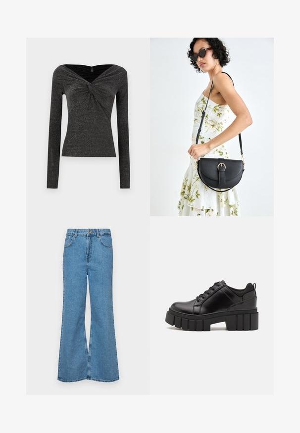 Blusa preta de mangas longas com um design frontal torcido, feita de um tecido texturizado e brilhante. Apresenta um decote largo, off-the-shoulder.; Jeans de brim azuis claros, com corte à boca de sino, apresentando uma cintura alta, cinco bolsos e um fecho de botão único. Textura macia com acabamento desbotado.; Sapatos de plataforma em couro preto com um salto bloco robusto, bico redondo e design clássico de atacadores. Apresentam uma textura suave e detalhes mínimos.; Bolsa de couro preta com forma curva, alça destacável e detalhes em dourado. A bolsa possui uma aba com detalhe de fivela.