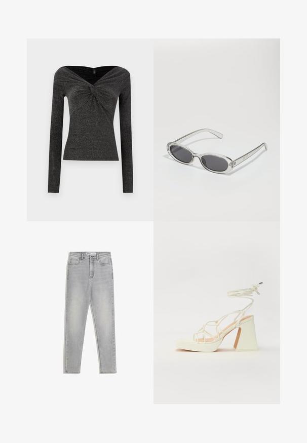 Zwarte lange mouwen top met een gedraaide voorkant, gemaakt van een gestructureerde, glinsterende stof. Heeft een brede, off-shoulder halslijn.; Grijze denim jeans met een hoge taille, slim fit, vijf-pocket ontwerp en subtiele vervaging op de stof. Kenmerkt stevige stiksels en metalen hardware.; Witte hoge hakken sandaal met een chunky hak, met een bandjesontwerp en enkelband. Gladde textuur met een plateau voor extra hoogte.; Zonnebril met een ovale vorm, helder plastic montuur, donkergrijze glazen en dunne transparante pootjes met logo-accenten en minimale details.; Zwarte leren handtas met een gebogen vorm, afneembare schouderband en gouden hardware. De tas heeft een klep met een gespsluiting.