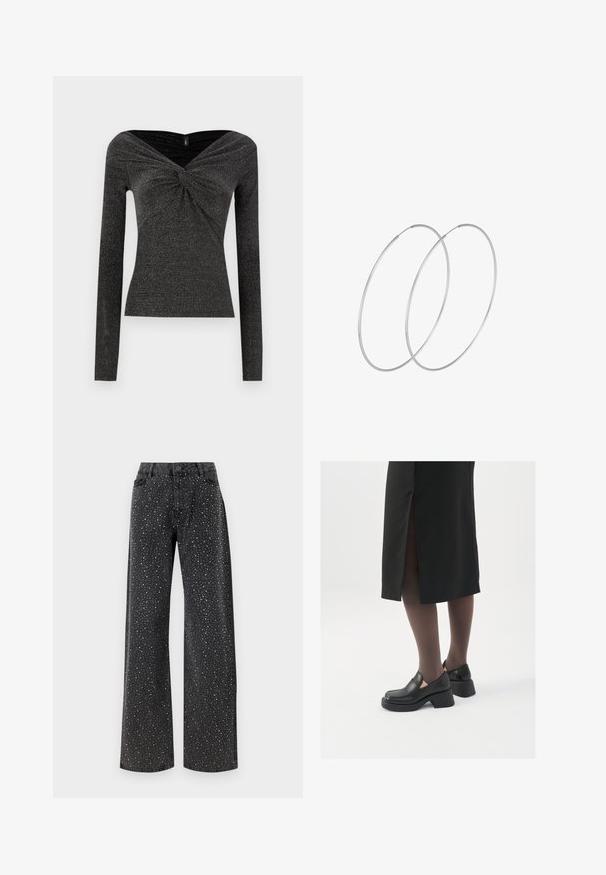 Musta pitkähihaista paita, jossa on kierretystä etuosasta ja joka on valmistettu teksturoidusta, kiiltävästä kankaasta. Siinä on leveä, olkaimeton kaula-aukko.; Noisy May NMJANNEL LOOSE - Relaxed fit -farkut - black denim; Mustat nahkakengät pyöreällä kärjellä, paksulla lohkopohjalla ja joustavilla sivuakkesseilla, yhdistettynä tummiin sukkahousuihin ja mustaan hameeseen, jossa on halkio.; Hopehope hopeilla, joissa on minimalistinen muotoilu. Pyöreä muoto, sileä pinta ja ohut profiili. Kevyet ja kiillotetut.