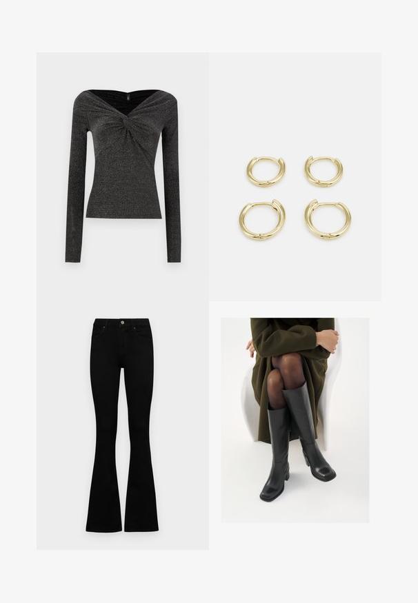 Schwarzes Langarmoberteil mit einem gedrehten Frontdesign, aus einem strukturierten, glitzernden Stoff gefertigt. Merkmale einen weiten, schulterfreien Ausschnitt.; Schwarze hochtaillierte Jeans mit einem Knopf- und Reißverschluss, Fronttaschen und ausgestellten Beinen, flach auf einem weißen Hintergrund ausgelegt.; Knöchelhöhe schwarze Lederstiefel mit quadrater Spitze und Blockabsatz, gezeigt mit einem Modell, das einen olivgrünen Mantel trägt. Glatte Textur, minimale Details.; Goldene Creolen, vier Stück, mit glatter Oberfläche, runder Form, in verschiedenen Größen, mit einem klappbaren Verschluss für einfaches Anlegen.