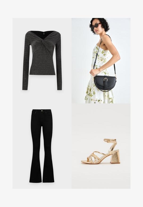 Svart langermet topp med en vridd foran design, laget av et teksturert, glitrende stoff. Har en bred, av- skulderen utringning.; Sorte høytlivsjeans med knapp og glidelås, frontlommer og utsvingte bein liggende flatt på en hvit bakgrunn.; Gyldne metalliske hæle-sandaler med en strappy design, kvadratisk blokhælhæl og justerbar ankelrem med spænde. Glat tekstur.; Svart lærveske med en buet form, avtagbar stropp og gullbeslag. Vesken har et klaff med spenne-detall.