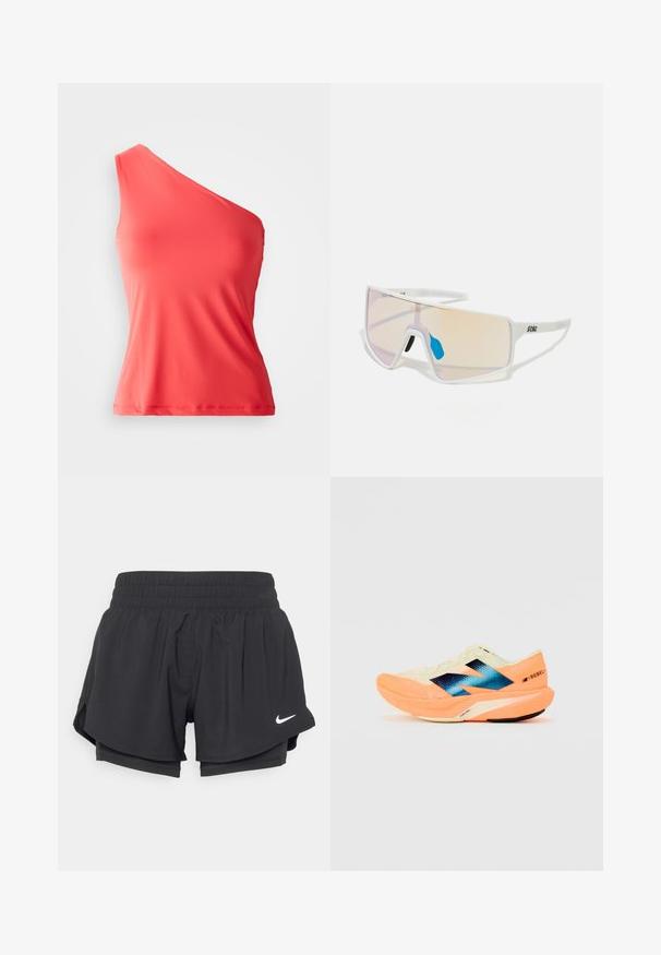 Aszimmetrikus korall színű top sima, rugalmas anyagból, egy vállpánttal és testhez simuló fazonnal.; Fekete sportnadrág elasztikus derékrésszel, belső béléssel és oldalsó hasítékokkal. A bal elülső oldalon egy fehér Nike logó található.; Futócipő könnyű krém színű felsőrésszel, kék márkázással és narancssárga kiemelésekkel a talpon. Hálós textúra a légáteresztőség érdekében.; Fehér keretes napszemüveg nagy, színátmenetes lencsékkel, amelyek rózsaszín és világos narancssárga árnyalatúak. Kék orrdísszel és logóval kiemelve.