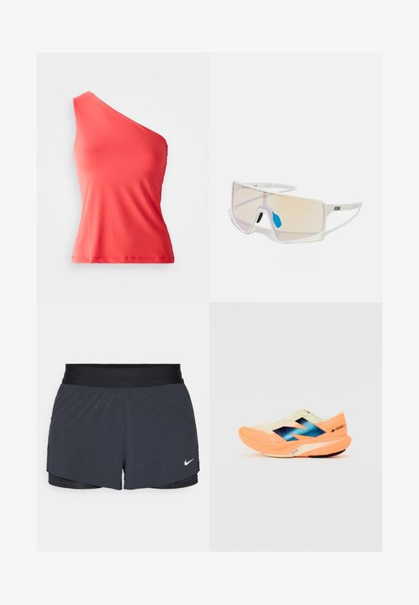 Asymetrický korálový tílko vyrobené z hladké pružné látky, s jedním ramínkem a přiléhavým střihem.; Černé sportovní kraťasy s elastickým pasem, které mají vrstvený design a malé bílé logo Nike na dolním levém rohu. Lehce materiál.; Běžecká obuv s lehkým krémovým svrškem, modrým logem a oranžovými detaily na podešvi. Síťovina pro prodyšnost.; Sluneční brýle s bílým rámem a velkými gradientovými skly, která mají přechod od růžové k světlé oranžové barvě, doplněné modrým nosníkem a detailem loga.
