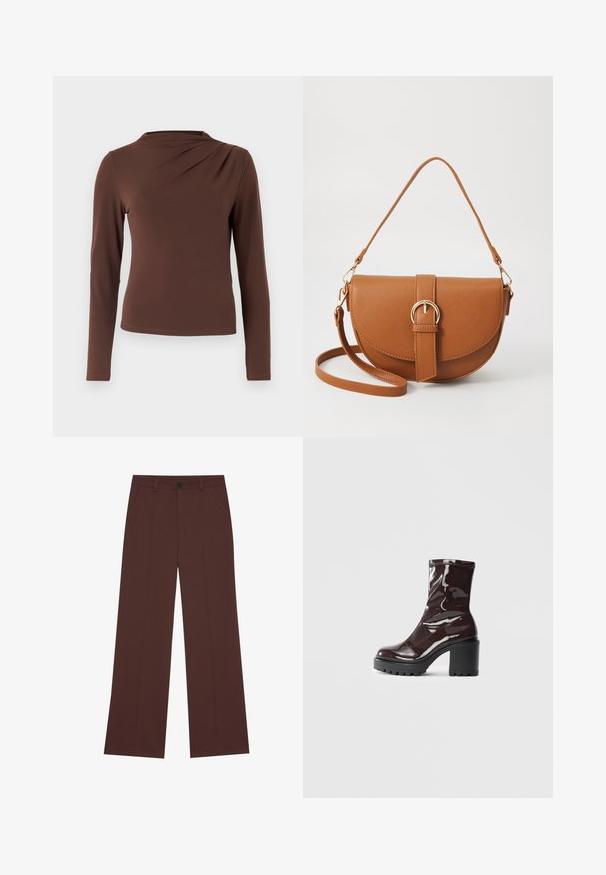 Blusa de manga longa castanha em tecido suave, com um design drapeado no ombro esquerdo e uma silhueta ajustada. Textura lisa e decote simples.; Calças largas em tecido castanho escuro. Apresentam um fecho com botão, duas bolsos frontais, textura suave e linhas limpas.; Bota de tornozelo burgundy brilhante com um salto preto robusto, apresentando uma textura suave e um design simples. Sem fechos ou padrões visíveis.; Bolsa transversal de couro castanho com um formato curvado, ferragens douradas e um detalhe de fivela. Inclui uma alça de ombro destacável.
