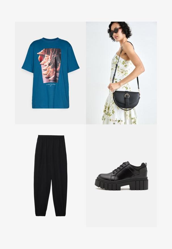 Turkizna majica s grafiko košarkaških čevljev in nog, postavljenih ob košarki, s tiskanjem "To je povsem nova igra" in logotipom Nike.; Črne, lahke hlače z elastičnim pasom in nabranimi gležnji. Tkanina je gladka in ima sproščen, taperiran dizajn.; Črne usnjene platforme z debelim blokastim petam, okroglo konico in klasičnim vezanjem. Imajo gladko teksturo in minimalne podrobnosti.; Črna usnjena torbica s ukrivljeno obliko, z odstranljivo naramnico in zlatimi dodatki. Torbica ima pokrov s podrobnostmi v obliki zaponke.