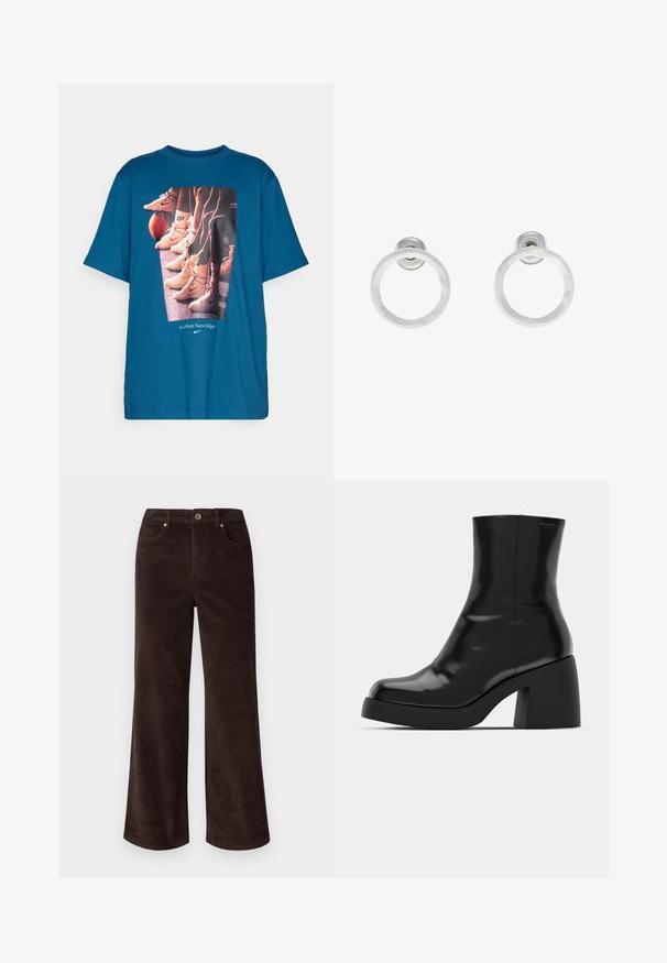Türkiisi T-särk, millel on graafika korvpalliketsade ja jalgadega, mis on reas korvpalli kõrval, ning tekst "See on täiesti uus mäng" koos Nike logo.; Vero Moda Petite VMTESSA PANTS - Püksid - chocolate torte; Mustad mustad, läikiva viimistlusega, ruudukujulise varbaga ja paksu plokktallaga. Kujundus sisaldab sujuvat siluetti ja minimaalset brändimist.; Hõbedased metallist rõngastooted, millel on harjatud tekstuur, ümmargune disain ja selge tagumine post, tagamaks kindlat kandmist.