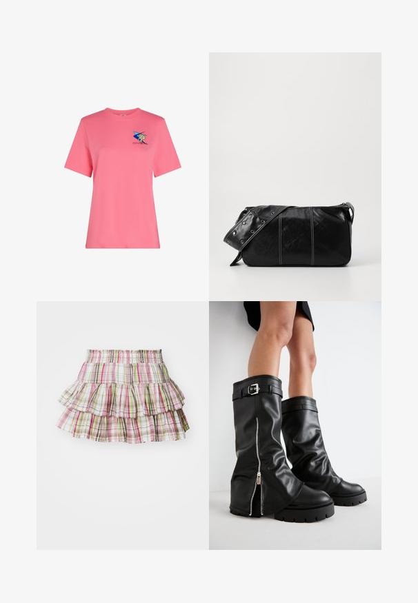 Rozā kokvilnas T-krekls ar īsām piedurknēm, kuram ir zils zvaigzne un dzeltena grafika. Klasiska piegriezuma ar apaļu kakla izgriezumu. Mīksta tekstūra.; Plise svārki ar elastīgu jostu, kuros ir pārbaudīta raksts rozā, zaļā un brūnā krāsā. Viegls kokvilnas materiāls.; Melnas ādas zābaki līdz ceļiem ar plašu šuvi, ar sānu rāvējslēdzēju un sprādzi, teksturētu apdari un masīvu gumijas zoli.; Melnas ādas plecu soma ar rāvējslēdzēja aizdari, ar teksturētu virsmu, baltu dūrienu un siksnu ar sudraba iekavām.