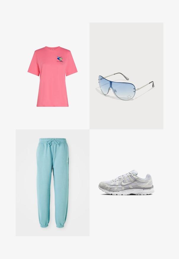 Kortärmad, rosa t-shirt i bomull med en blå stjärna och gul grafisk design. Klassisk passform med rund halsringning. Mjuk textur.; Ljusblå sweatpants i mjukt material med elastisk midja, dragsko och elastiska mudd vid anklarna. Litet logo på sidan.; Ljust grå sportskor med ovandel i mesh och syntetmaterial, med snörning, vadderad krage och texturerad sula för grepp.; Pilotglasögon med gradientblå linser, silverfärgad metallram och dekorativa stjärnaccenter på linserna. Snygg och elegant design.