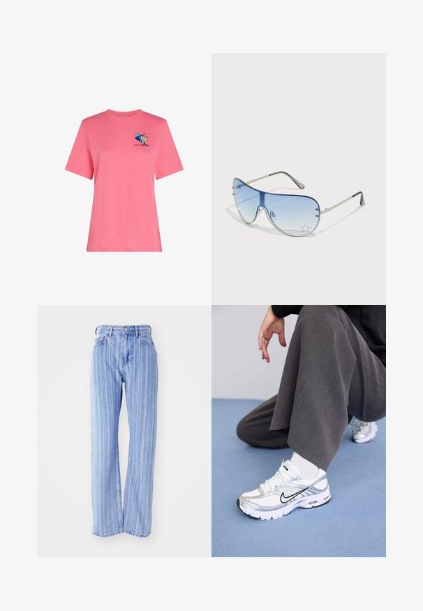 Lyhythihainen, vaaleanpunainen puuvillapaita, jossa on sininen tähti ja keltainen graafinen muotoilu. Klassinen malli, jossa on pyöreä kaula-aukko. Pehmeä rakenne.; Vaaleat siniset farkut, joissa on pystysuoria valkoisia raitoja, korkea vyötärö, löysä istuvuus, viisi taskua ja napilla toimiva sulkeminen.; Valkoiset ja hopeiset urheilukengät, joissa on verkkomainen ja synteettinen materiaali, mustilla korostusviivoilla, nauhoilla ja teksturoiduilla pohjilla.; Aviator-mallin aurinkolasit, jotka ovat varustettu gradienttisilla sinisillä linsseillä, hopeisella metallikehyksellä ja koristeellisilla tähtikoristeilla linsseissä. Joustava ja viehättävä muotoilu.