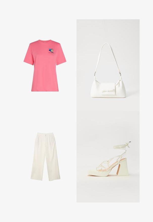 Kortærmet, pink bomulds t-shirt med et blåt stjernemotiv og gul grafik. Klassisk pasform med rund hals. Blød tekstur.; Bredde bukser i cremefarvet stof med en glat tekstur, der har en enkelt knap foran, diskrete folder og design med høj talje.; Hvide højhælede sandaler med en kraftig hæl, der har et stropdesign og ankelbinding. Glat tekstur med en platform foran for ekstra højde.; Hvid syntetisk håndtaske med en trekantet form, flad forsideklap og sløjfedetalje, justerbar strop, glat tekstur og minimalistisk design.