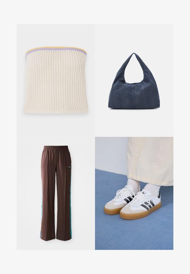 Kreemist koonuseta topist, millel on soonikkoostis. Rikkalikult kollase, lillaka ja sinise äärepitsiga. Sisaldab väikest metallist brändilogot.; Pruunid spordipüksid, millel on soonikkoes, elastne vöökoht ja türkiissinised külje triibud. Esiosas on adidas logo.; Valged tossud mustade triipudega ja beeži nahaga aktsentidega. Omavad tekstuuriga kummist talla ja lamedaid valgeid paelu, kantud heledate sokkidega.; Tume sinine teksakott pehme ja veniva kujuga, sisaldab hobo-stiilis sangasid ja tekstuurset pinda. Nähtavad kinnitusdetailid puuduvad.