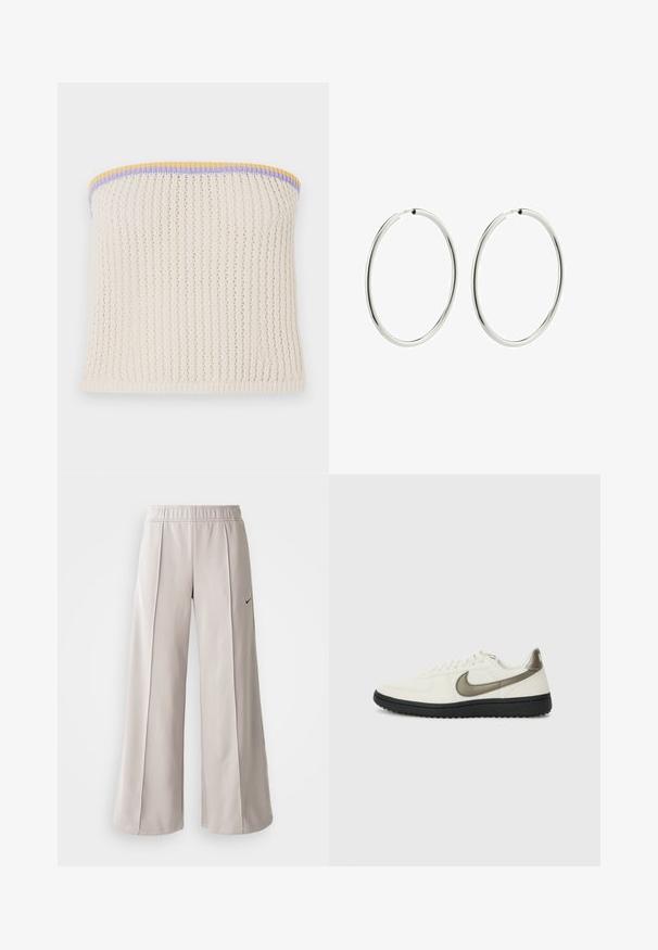 Cream knit strapless top with a ribbed texture. Accented with yellow, purple, and blue trim. Includes a small metal brand logo.; Light gray wide-leg pants made of smooth fabric. Features an elastic waistband and black Nike logo on the left side.; Nike Sportswear FIELD GENERAL - Trainers - off-white/black; Silver hoop earrings with a smooth, polished finish. Circular shape, consistent width, designed for easy fastening. Simple and elegant.