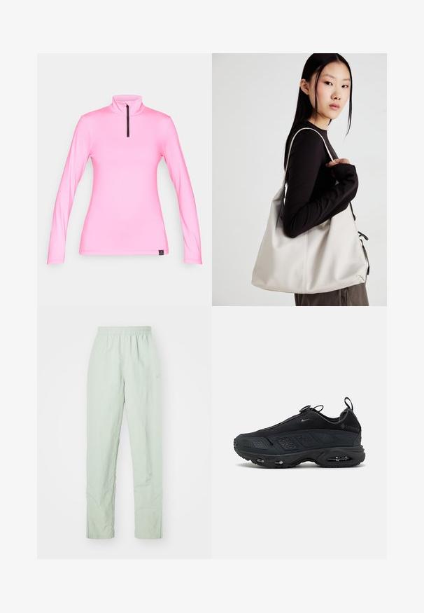 Roze langärmige top met hoge kraag en halve ritssluiting, gemaakt van een gladde stof. Beschikt over contrasterende rits en zijnaaddetails.; Lichtgroene, lichte broek met een elastische tailleband. Recht gesneden ontwerp, met minimale textuur en een subtiele logodetail.; Zwarte sneakers met een gestructureerde mesh bovenkant, rubberen zool en zichtbare luchtkussens. Bevat riemen en geperforeerde accenten voor ademend vermogen.; Beige handtas gemaakt van zacht materiaal, met een slonzig ontwerp, gestikte details en twee schouderbanden. Geschikt voor dagelijks gebruik.