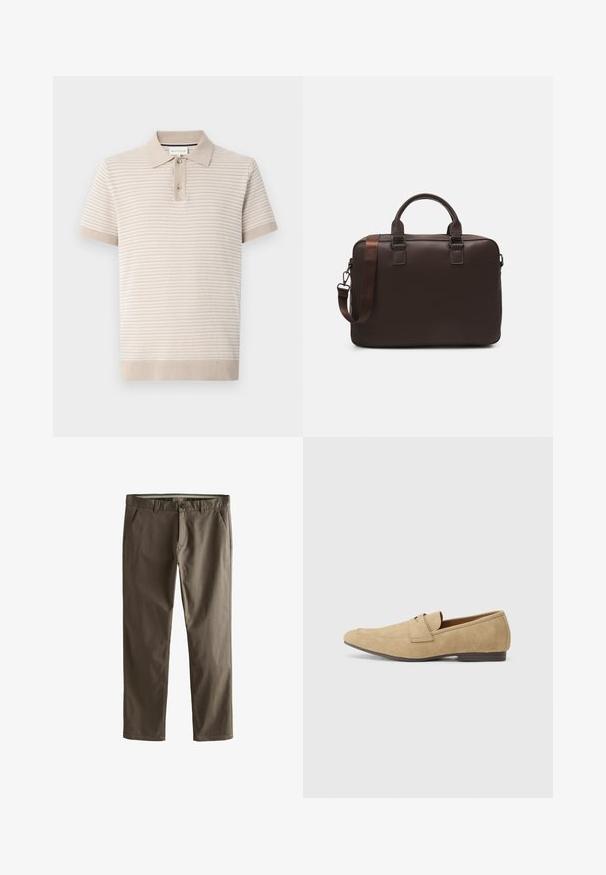 Šviesiai smėlinės spalvos trumpomis rankovėmis polo marškiniai su tekstūruotomis juostelėmis, apykakle ir trimis mygtukais. Minkšta medžiaga su gumuotais rankogalviais.; Rudos medvilnės chinos kelnės su tiesiomis kojomis, priekinėmis kišenėmis ir mygtukų uždarymu. Išsiskiria lygiu paviršiumi ir tvarkingais linijomis.; Šviesiai rudos zomšinės loafers, su šiek tiek blizgesio, turinčios apvalų pirštą, be užsegimo dizainą ir žemą rudą kulnį. Subtili siuvimo detalė.; Ruda odinė nešiojamojo kompiuterio rankinė su tekstūruota paviršiumi, dviem viršutiniais rankenomis, reguliuojama juosta ir dviem priekiniais sagtimis papildomam akcentui.