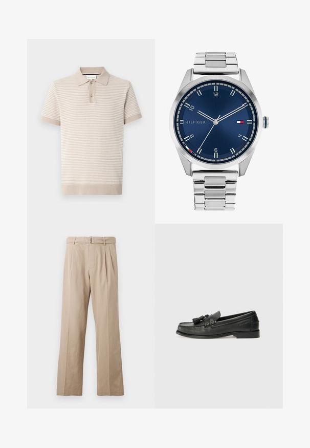 Kortærmet polo skjorte i lys beige med teksturerede striber, krave og tre-knaps lukning. Blødt stof med ribbede manchetter.; Beige, vidde ben bukser lavet af en glat bomuldsblanding, der har frontfolder, en syet talje og et metalspænde bælte.; Sorte læder loafers med afrundet tå, dekorative frynser og sømret design. Flad sål med subtil branding på siden.; Sølvmetal ur med en børstet blå urskive, hvide timemarkører og en datovisning. Har et sammenkædet metalarmbånd og brandlogo.