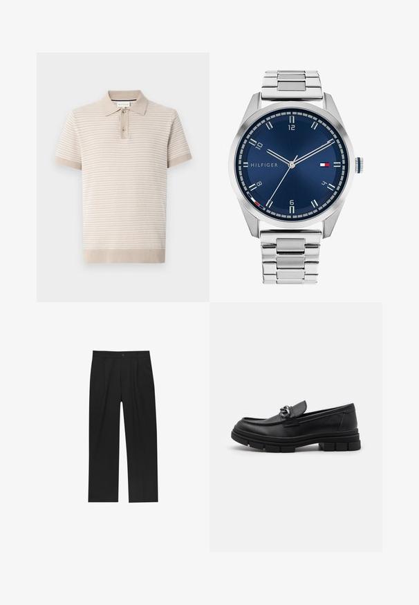 Korte mouwen polo in lichtbeige met textured strepen, een kraaglijn en een knoopsluiting met drie knopen. Zachte stof met geribbelde manchetten.; Zwarte broeken met een recht model, gemaakt van een gladde stof. Voorzien van een voorplooien en een enkele knoopsluiting bij de taille.; Zwarte leren instapper met een ronde neus, een decoratieve band en hardware, en een chunky, gestructureerde zool. Glad afwerking met subtiele details.; Zilveren metalen horloge met een geborstelde blauwe wijzerplaat, witte uurmarkeringen en een datumweergave. Voorzien van een geschakelde metalen band en het logo van het merk.