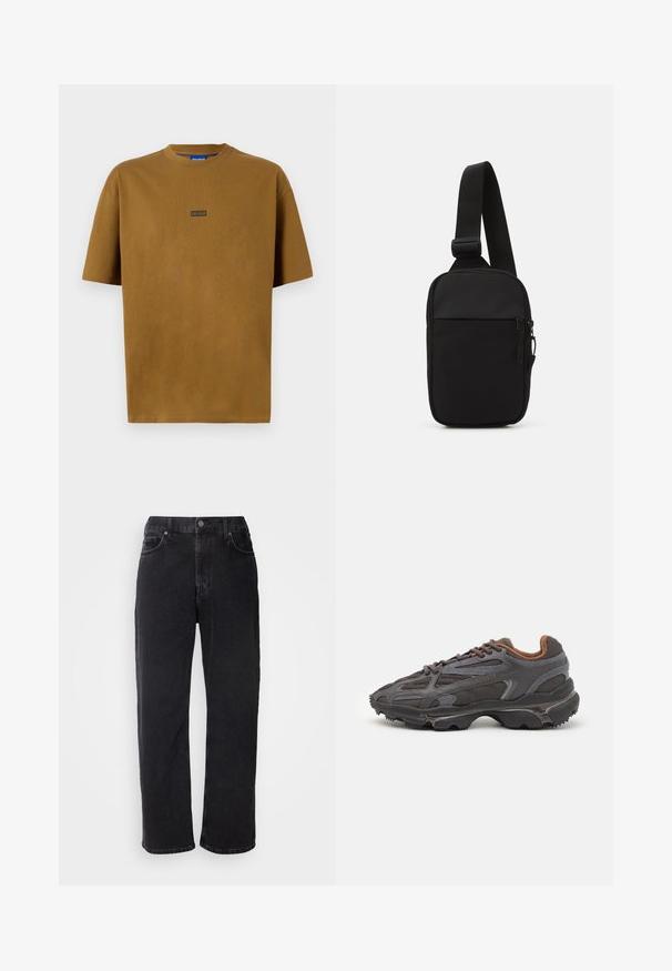 Brown, short-sleeved, round-neck T-shirt made of cotton. Features a small black logo patch reading "HUGO" on the front.; Black denim jeans with a straight cut, five pockets, and contrasting stitching. Features a button closure and belt loops on the waistband.; Lacoste sneakers in dark gray with mesh and synthetic material, featuring a textured sole and brown accents on the collar and branding.; Black crossbody bag made of durable fabric, featuring a single adjustable strap, a zippered main compartment, and a front pocket.
