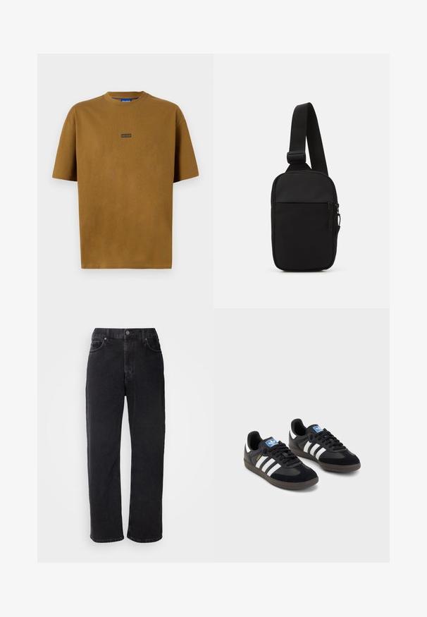 Ruskea, lyhythihainen, pyöreäkauluksinen T-paita, joka on valmistettu puuvillasta. Edessä on pieni musta logotägi, jossa lukee "HUGO".; Mustat farkut suoran leikkauksen, viiden taskun ja kontrastiväristen ompelujen kanssa. Varustettu nappisulkimella ja vyölenkeillä vyötäröllä.; Mustat lenkkarit, joissa on mokkanahka- ja synteettinen päällinen, kolmella valkoisella raidalla, tekstuurilla varustettu kumipohja ja sininen logo-etiketti kielellä.; Musta olkalaukku, joka on valmistettu kestävästä kankaasta. Laukussa on yksi säädettävä olkahihna, vetoketjulla suljettava pääosasto ja etutasku.