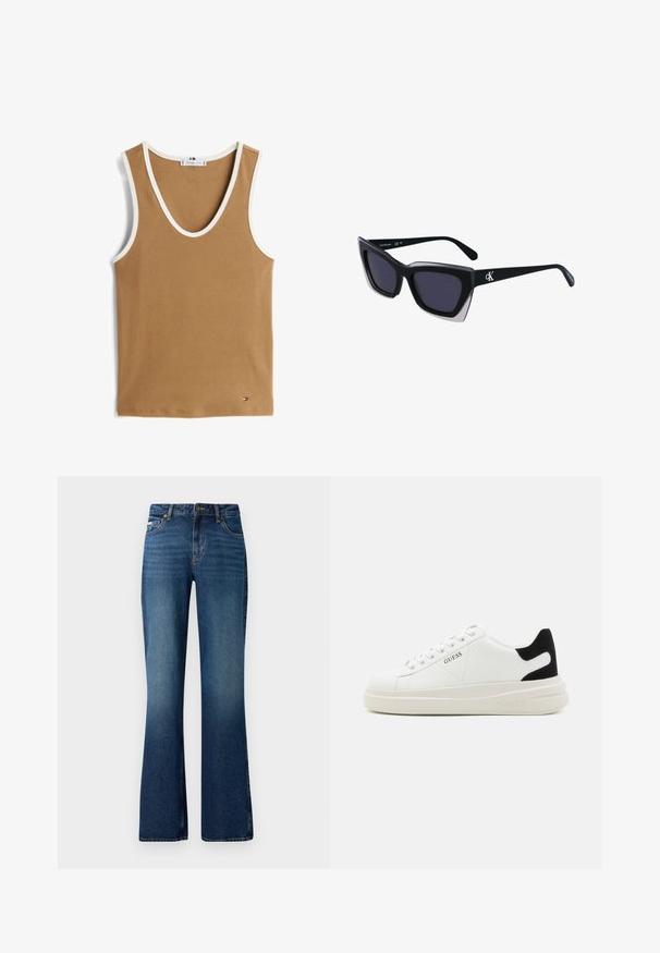 Brun ribbet tanktopp med hvit kanting ved utringningen og armhulene. Har en liten logoaccent nederst på kanten. Mykt, teksturert stoff.; Flared jeans i en mellomblå vask, med en klassisk fem-lomme design, knappelukking og en litt falmet tekstur.; Hvite lær sneakers med tykk hvit såle, svart semsket hælforsterkning og preget logo på siden. Snøresystem med seks hull.; Store svarte solbriller i overdimensjonert størrelse med geometrisk form, med mørke linser og en kontrasterende grå detalj på rammen. Logo på armen.