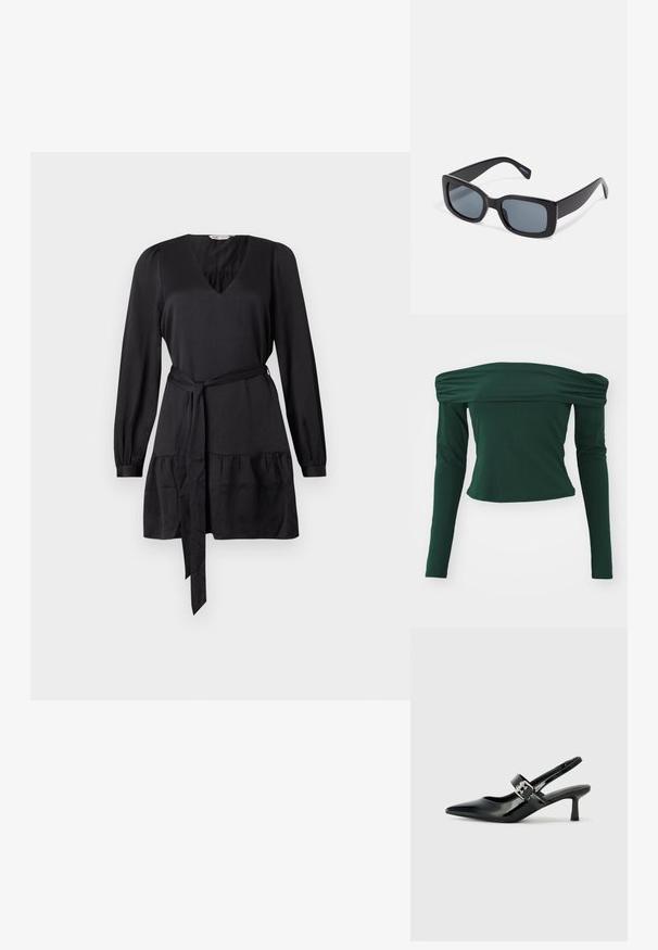 Top lungo a maniche lunghe verde, off-the-shoulder. Realizzato in tessuto morbido, presenta dettagli arricciati sulle spalle, design aderente e lunghezza cropped.; Abito nero con scollatura a V, maniche lunghe e cintura. Presenta un volant arricciato all'orlo per un tocco di texture. Finitura in tessuto morbido.; Décolleté neri in vernice con punta affilata e tacco a blocco piccolo, dotati di un accentuato con fibbia argentata sulla cinturino.; Occhiali da sole neri rettangolari con lenti scure, montatura in plastica spessa e tempie larghe. Superficie liscia e design angolare.; Borsa finta coccodrillo gialla con design strutturato, manico superiore, tracolla a catena removibile e abbellimenti in cristallo decorativi sulla chiusura.