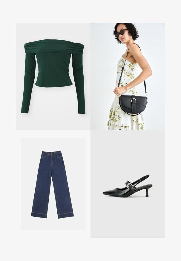 Zöld, vállon túl hosszú ujjú blúz. Simább anyagból készült, a vállakon gyűrt részletekkel, testhez álló fazonnal és rövidített hosszal.; Sötétkék denim széles lábú farmernadrág. Öt zsebbel, övhurkokkal és nyers szegéllyel az alján, amelyen látható varrási részletek találhatók.; Fekete lakkbőr slingback sarkú cipők hegyes orral és kis blokk talppal, ezüst csat díszítéssel a pánton.; Fekete bőrtáska ívelt formával, levehető pánttal és arany színű fémrészekkel. A táskán egy csattal díszített fedél található.