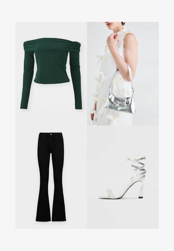 Grünes Off-Shoulder-Oberteil mit langen Ärmeln. Hergestellt aus glattem Stoff, mit gerafften Details an den Schultern, tailliertem Schnitt und cropped Länge.; Schwarze hochtaillierte Jeans mit einem Knopf- und Reißverschluss, Fronttaschen und ausgestellten Beinen, flach auf einem weißen Hintergrund ausgelegt.; Silberne High-Heel-Sandale mit einem glänzenden Riemen-Design, das einen perlenähnlichen Akzent und einen spiralförmigen Knöchelriemen für einen sicheren Sitz bietet.; Silberne metallische Handtasche mit strukturierter Form, ausgestattet mit einem oberen Griff und einer Schleifenapplikation auf der Vorderseite. Glatte Textur, reflektierendes Finish.