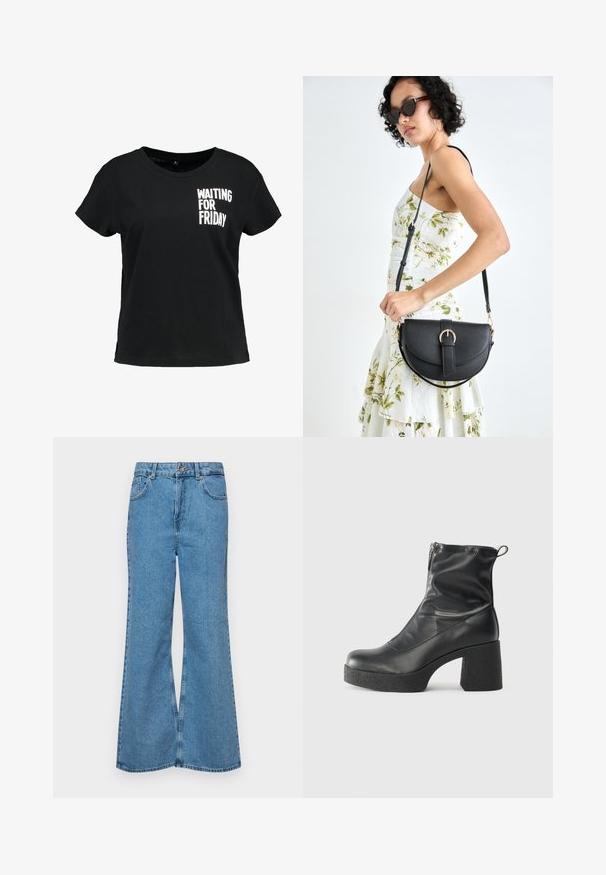 Must spetsitega must puuvillane T-särk, mille vasakul rinnal on valge graafiline tekst "OOTAMINE REEDEKS".; Heledad sinine flared teksade rõivad, millel on kõrge talje, viis taskut ja üks nupulukk. Pehme tekstuur ja pleekinud viimistlus.; Mustad mustad ansapüksid, mis on valmistatud siledast nahast, külje zipperiga, paksu tekstuuriga kontsaga ja ümmarguse nina disainiga.; Mustmust mustraha kõverate joontega, eemaldatava rihmaga ja kuldsete detailidega. Kotil on klapp, millel on pandladetail.