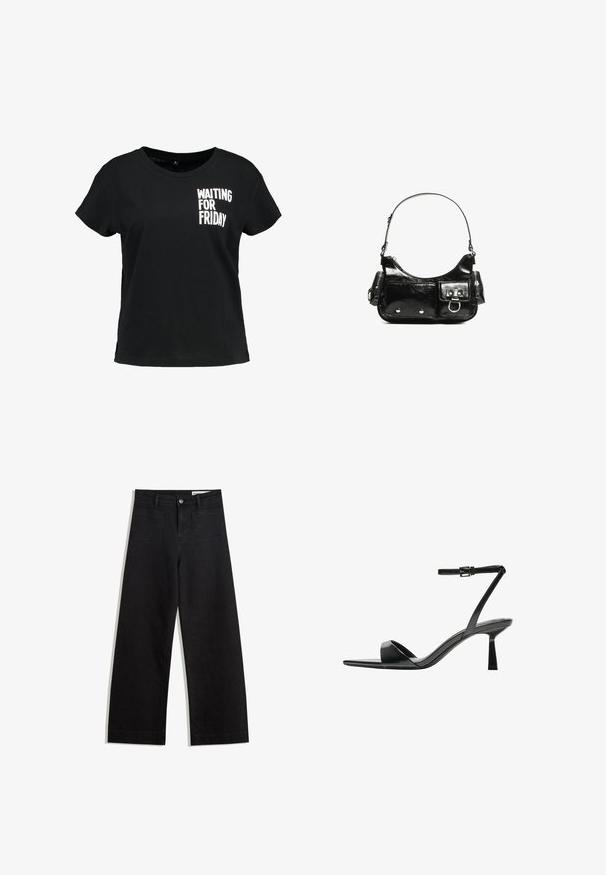 Zwarte katoenen T-shirt met korte mouwen, voorzien van witte grafische tekst "WACHTEND OP VRIJDAG" op het linkerborstgebied.; Zwarte denim broek met wijde pijpen en een hoge taille, voorzien van voor- en achterzakken, gestikte naden en een knoopsluiting. Gladde textuur.; Bershka Sandalen met hoge hak - black; Zwarte laarzen in lakleer met een gebogen vorm, één schouderband, voorvakken en accenten in zilverkleurig metaal.
