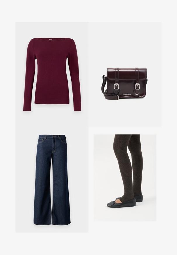Hosszú ujjú, crew neck női felső sötét bordó színben, sima, testhezálló anyagból készült.; Sötét kék farmer széles lábú nadrág. Kontrasztos varrással, öt zsebhálóval és gombos derékzárással rendelkezik. Simás textúra.; Fekete lapos cipők kis masni díszítéssel az orrán, sötétbarna bordázott harisnyával párosítva. A cipők sima textúrával és alacsony profilúak.; Burgundy lakkbőr keresztpántos táska téglalap alakú, két pánttal, ezüst színű szerelvényekkel és fedélzárral.