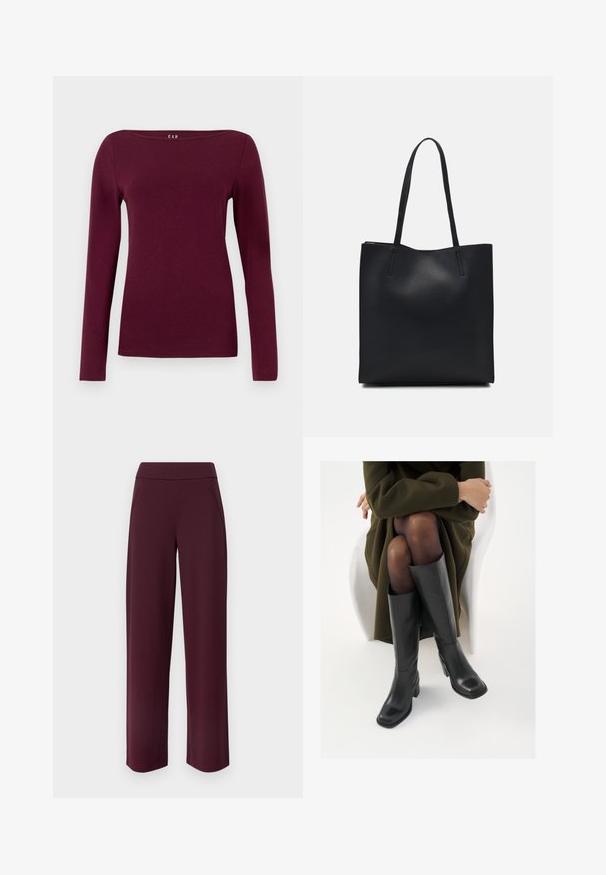 Langarmshirt für Frauen mit Rundhalsausschnitt in einfarbig tiefburgunderrot, aus glattem, enganliegendem Stoff gefertigt.; JDY JDYLOUISVILLE CATIA WIDE PANT - Stoffhose - wine tasting; Knöchelhöhe schwarze Lederstiefel mit quadrater Spitze und Blockabsatz, gezeigt mit einem Modell, das einen olivgrünen Mantel trägt. Glatte Textur, minimale Details.; Schwarze Laptoptasche aus Leder mit glatter Textur, rechteckiger Form und zwei langen Griffen. Keine sichtbaren Beschläge oder Verzierungen.