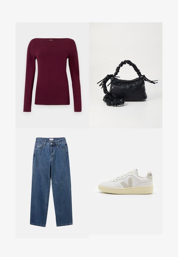 Dámsky top s dlhým rukávom a okrúhlym výstrihom v jednotnej tmavej burgundskej farbe, vyrobený z hladkej, priliehavej látky.; Klasické modré džínsy z denimu so strihom rovného strihu, piatimi vreckami a zapínaním na gombík. Majú stredné praním a pevnú textúru.; Biele kožené tenisky s béžovými semišovými akcentmi, perforovanou špičkou, plochými šnúrkami a textúrovanou krémovou podrážkou. Obsahujú jemné označenie na päte.; Čierna umelá kožená kabelka s kroko vzorom, sťahovaným vrchom a zhnutým popruhom. Vyzerá mäkko a kompaktné v dizajne.