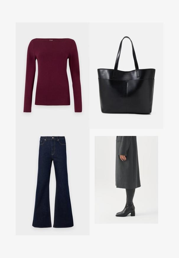 Langermet, rundhalset kvinnetop i ensfarget dyp burgunder, laget av glatt, tettsittende stoff.; Mørkeblå vide denimjeans med høy midje, frontlommer og gyldne sømdetaljer. Glatt tekstur med tradisjonell passform.; Grå, skreddersydd frakk med rett snitt; kombinert med knehøye svarte lærstøvler med firkantet tå og kraftig hæl.; Svart lær toteveske med to lange håndtak, en glatt tekstur og en strukturert form. Har en frontlomme for ekstra oppbevaring.
