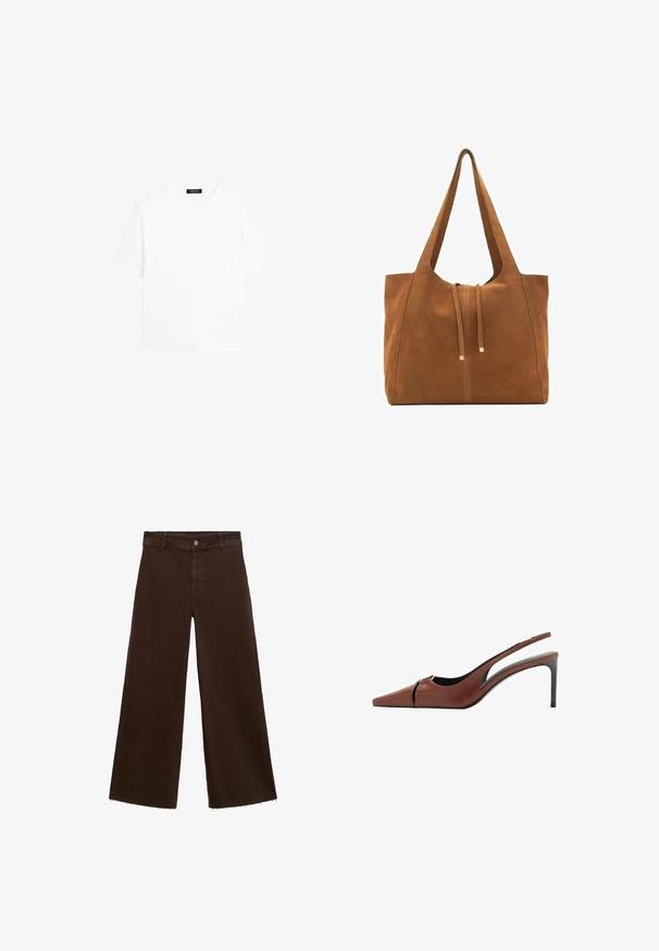 Witte katoenen t-shirt met een ronde hals, korte mouwen en een rechte pasvorm. Geen zichtbare patronen of versieringen.; Bruine wijde broek in katoenmix, met een rafelige zoom, sluiting met een knoop aan de voorkant en een klassieke vijf-pocketstijl. Minimalistisch en veelzijdig.; Bruine leren slingback hakken met een spitse neus, uitsnijding bij de bovenkant en een elegante stilettohak. Glad oppervlak.; Bruine suède schoudertas met twee lange hengsels, trekkoordsluiting en minimalistisch ontwerp. Gladde textuur en geen zichtbare hardware-accenten.