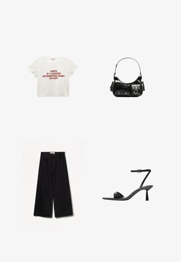 Weißes, kurzes T-Shirt aus Baumwolle. Mit rotem Text: "OUPS, WENN ICH INTERESSIERT AUSSEHE, BABY, TUE ICH DAS NICHT." Kurze Ärmel und runder Ausschnitt.; Bershka WIDE-LEG - Wide Leg - black; Bershka High Heel Sandalette - black; Schwarze Lackleder-Handtasche mit geschwungenem Design, einem Schulterriemen, Vordertaschen und silberfarbenen Hardware-Akzenten.