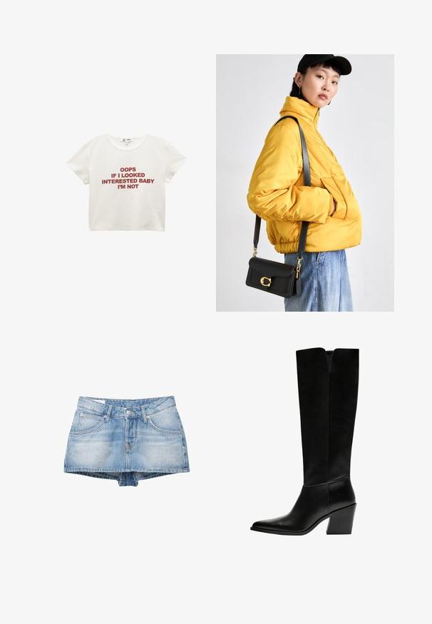 Witte crop top gemaakt van katoen. Bevat rode tekst: "OOPS ALS IK GEÏNTERESSEERD LIJKTE, EEN BABY BEN IK NIET." Korte mouwen en ronde halslijn.; Leren denim shorts in lichtblauw met een vervaagde wassing. Voorzien van vijf zakken en een knoopsluiting aan de voorkant. Klassieke snit met een rechte zoom.; Zwarte laarzen tot de knie van soepel leer, met een puntige neus, een blokhak en een V-vormige uitsparing aan de bovenkant.; Geel gewatteerde jas met hoge kraag en voorzak, gecombineerd met een zwarte schoudertas met gouden hardware. Casual denim broek.