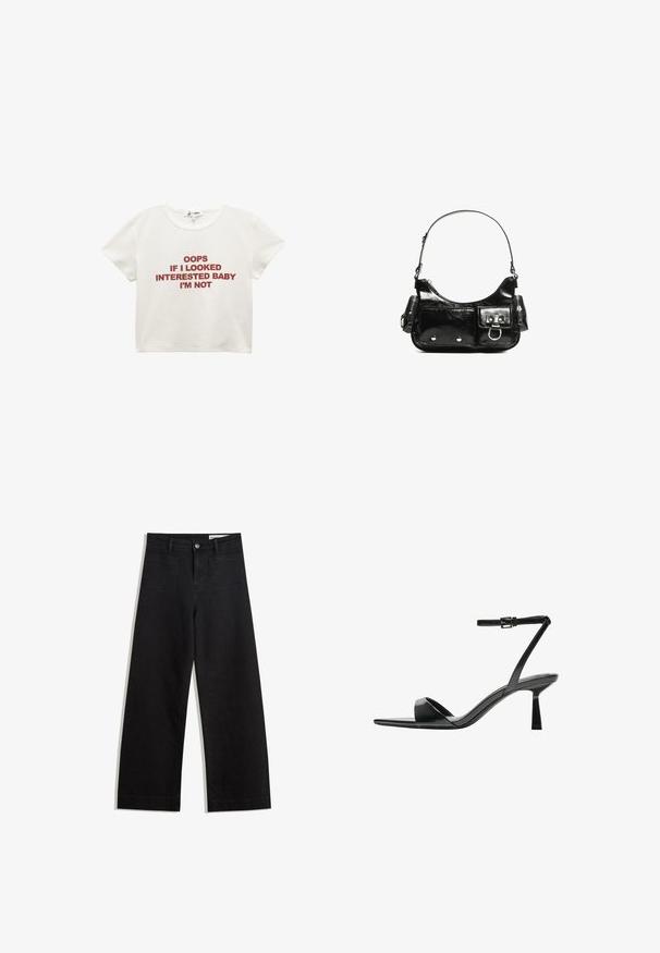 Biały skrócony t-shirt wykonany z bawełny. Zawiera czerwony napis: "OOPS IF I LOOKED INTERESTED BABY I'M NOT." Krótkie rękawy i okrągły dekolt.; Czarne dżinsowe spodnie o szerokich nogawkach i wysokim stanie, z przednimi i tylnymi kieszeniami, przeszyciami oraz zapięciem na guziki. Gładka struktura.; Bershka - Sandały na obcasie; Czarna torebka z lakierowanej skóry o zaokrąglonym kształcie, z jednym paskiem na ramię, przednimi kieszeniami i akcentami w kolorze srebrnym.