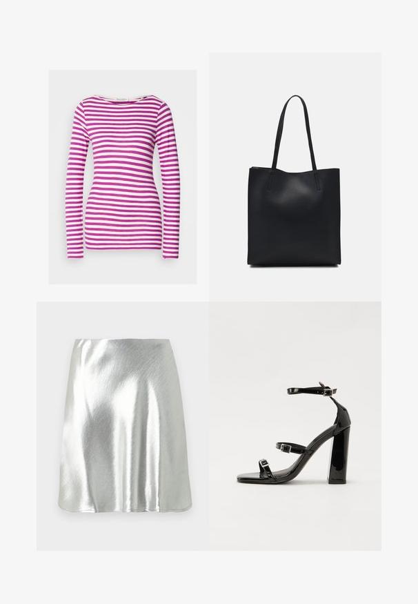 T-shirt de mangas longas com forma ajustada, feito de algodão macio. Apresenta riscas horizontais rosa e brancas e um decote largo.; Mini saia metálica prateada com textura suave e ligeiro brilho. Apresenta um design evasé e uma bainha simples e limpa.; Sandálias de tacão preto laqueadas com bico quadrado, tiras para o tornozelo e fivelas prateadas. Apresentam um salto bloco chunky para estabilidade.; Bolsa tote preta em couro com textura lisa, forma retangular e duas alças longas. Sem hardware ou enfeites visíveis.