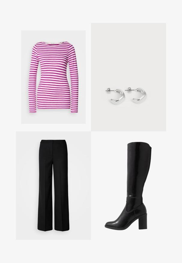 Ilgos rankovės marškinėliai, prigludusios formos, pagaminti iš minkštos medvilnės. Įrengti horizontalūs rožiniai ir balti dryžiai bei plati iškirptė.; Juodos plačios kojų kelnės su lygia medžiaga, pasižyminčios aukštu liemeniu, pritaikytais siūlėmis ir minimalistiniu dizainu. Nėra matomų metalo detalių ar kišenių.; Juodai blizgūs batus iki kelių su apvaliu pirštu, lygiu paviršiumi, šoniniu įpjovimu ir masyviu padidintu kulnu.; Sidabrinės auskarų kilpos su lygiu, blizgiu paviršiumi. Apvalios formos su šiek tiek išlenktu dizainu ir sumaišytomis briaunomis. Smeigtuko užsegimas.