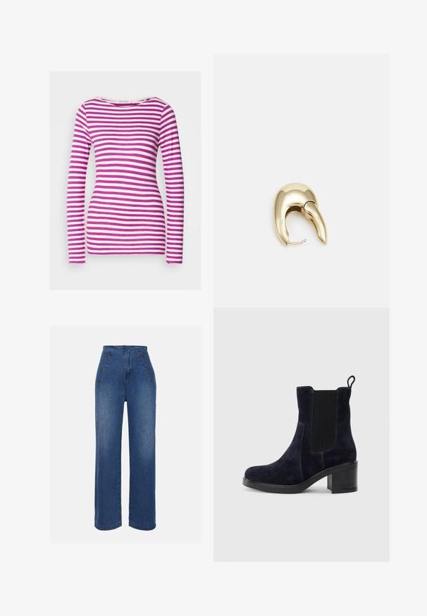 Pikkade varrukatega T-särk, mis on sobiva kujuga ja valmistatud pehmest puuvillast. Omab horisontaalseid roosa ja valge triibusid ning laia kaelust.; Keskmise sinise värviga kõrge vöökohaga teksad. Omavad esipoolsete nööbiefekte ja laia jala disaini. Kanga tekstuur on sile ja kerge kulumisega.; Tumedat siniset nahast sääre pooled saapad elastse külgpaneeliga, ümmarguse ninaga ja blokkninaga. Tekstuuriga kangas ja siledad tallad lisavad kontrasti.; Kuldtooni metallist kõrvarõngas, millel on elegantne ja kaarjas disain. Omab silmapaistvat teravat kuju, poleeritud pinda ja hingesulgemist.