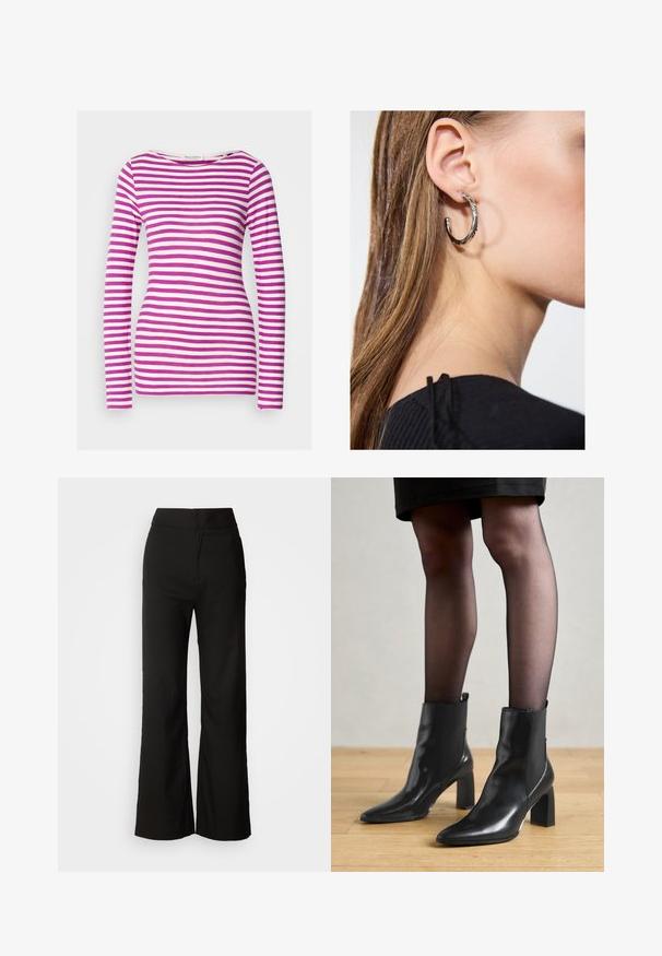 Langarm-T-Shirt mit taillierter Form, aus weicher Baumwolle. Mit horizontalen pink-weißen Streifen und einem weit ausgeschnittenen Hals.; Schwarze weit geschnittene Hosen mit glatter Textur, hoher Taille und klarem Design. Keine sichtbaren Taschen oder Verzierungen.; Schwarze Leder-Ankle-Boots mit spitzer Zehenform, klobigem quadratischem Absatz und schlankem Design. Verfügt über elastische seitliche Einsätze für leichtes An- und Ausziehen.; Silberne Creolen mit polierter Oberfläche, die kleine goldene Akzentdetails und eine runde Form aufweisen, am Ohrläppchen getragen.