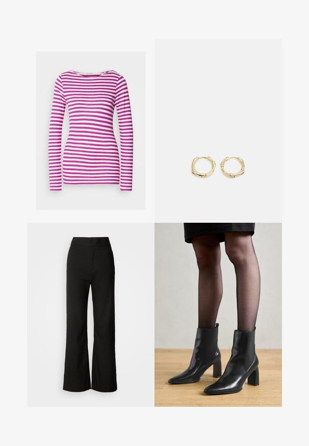 Majica dugih rukava s uskim krojem, izrađena od mekanog pamuka. Ima horizontalne ružičaste i bijele pruge te široki izrez na vratu.; Crne široke hlače s glatkom teksturom, visokim strukom i jednostavnim dizajnom. Bez vidljivih džepova ili ukrasa.; Crne kožne gležnjače s šiljastim vrhom, robusnim četvrtastim potplatom i elegantnim dizajnom. Imaju elastične bočne panele za jednostavno oblačenje.; Zlatne okrugle naušnice s teksturiranim, nepravilnim oblikom. Imaju nevidljivo zatvaranje i polirani završni sloj, što naglašava moderan dizajn.