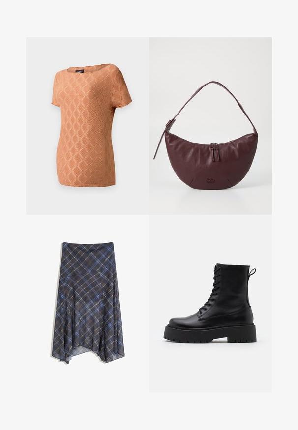 Kortærmet, struktureret top i blød orange med et diamantmønster. Har rund halsudskæring og en afslappet pasform.; Sort ternet nederdel med blå og brune linjer, flydende design, midt-længde, lavet af letvægtsstof med en glat tekstur.; Sorte læder ankelstøvler med rund tå, snørebånd foran og en tyk gummisål med struktureret slidbane. Hæfteløkke bagpå.; Mørkerød lædertaske med en buet design, der har en lynlåslukning, to lynlåsskuffer og et kort skulderrem. Detaljer inkluderer præget logo.; Sølvøreringe med et minimalistisk design. Cirkulær form, glat tekstur og tynd profil. Letvægtige med en poleret overflade.