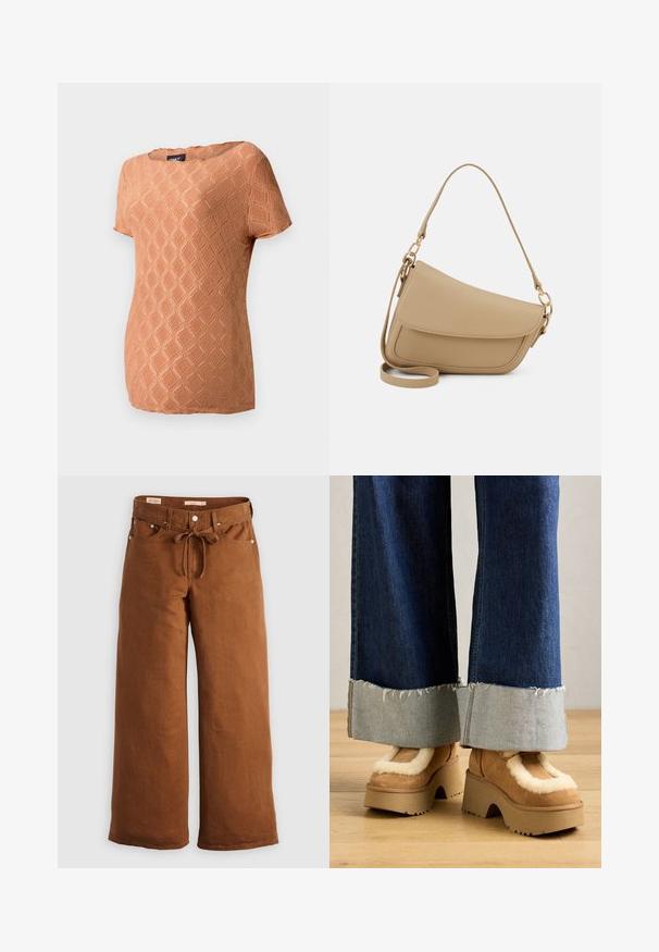 Short-sleeve, textured top in soft orange with a diamond pattern. Features a round neckline and a relaxed fit.; Brown wide-leg trousers made from durable fabric, featuring a drawstring waist, front pockets, and silver hardware accents.; Brown suede platform boots with cream fur lining, paired with wide-leg denim pants featuring frayed hems and a lighter denim cuff.; Even&Odd Handbag - beige