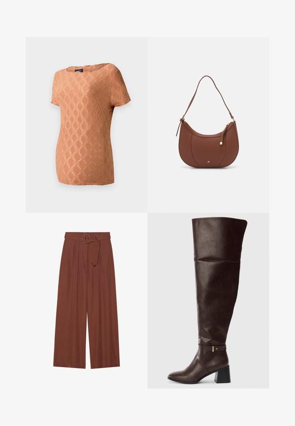 Top texturizado de manga curta em laranja suave com um padrão de diamante. Apresenta um decote redondo e um corte descontraído.; Calças de perna larga em tecido castanho, com um cinto de fivela quadrada, design pregueado e textura suave.; Bota de couro castanho escuro até ao joelho com salto bloco e detalhe decorativo em tiras à lateral, apresentada sobre um fundo claro e simples.; Mala de ombro em pele sintética castanha com forma curva, costura minimalista e detalhe em metal dourado. Apresenta fecho de zíper no topo e alça ajustável.