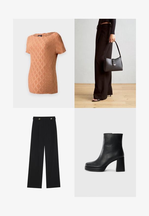 Kortærmet, struktureret top i blød orange med et diamantmønster. Har rund halsudskæring og en afslappet pasform.; Sorte vide bukser med høj talje, knapdetaljer på taljebåndet og frontfald.; Sort læder ankelstøvle med blokhæl og platformssål, set fra siden på en ensfarvet hvid baggrund.; Sort håndtaske med struktureret form, glat overflade og metalspænde. Sammen med brede sorte bukser og sandaler med åben tå på trægulv.