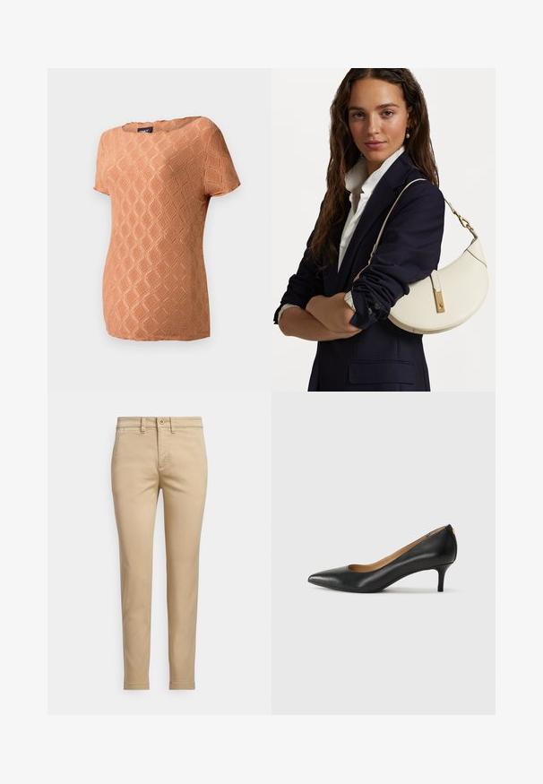 Trumpas rankovės, tekstūruotas viršus švelnios oranžinės spalvos su deimanto raštu. Turi apvalią iškirptę ir laisvą siluetą.; Smėlio spalvos medvilninės chino kelnės su tiesia forma, turinčios sagos užsegimą, priekinėse kišenėse ir siūlių siuvinėjimo detales.; Juodos odinės aukštakulnės bateliai su smailiu nosiu, žemu kulnu ir lygiu paviršiumi. Priekyje yra nedidelis atvirumas, o gale minimalus apdaila.; Balta odinė rankinė, lenkto dizaino, su auksiniais elementais ir tekstūruota apdaila, dėvima su tamsiu švarku ir baltu marškiniu.