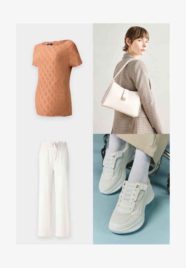 Īsām piedurknēm, teksturēts krekls maigi oranžā krāsā ar dimanta rakstu. Iezīmē apļu kakla izgriezumu un brīvu piegriezumu.; Baltas platās bikses, izgatavotas no mīkstas auduma, ar punktu jostas vietā un gludu tekstūru. Nav redzami raksti vai rotājumi.; Baltie sporta apavi ar sietu materiālu, gumijas zoli, bez šņoru dizainu ar elastīgām beigām un zeltainiem akcentiem.; Balta ādas rokassoma ar strukturētu dizainu, kurai ir magnētiska aizdare un plecu josta, parādīta uz neitrāla fona.