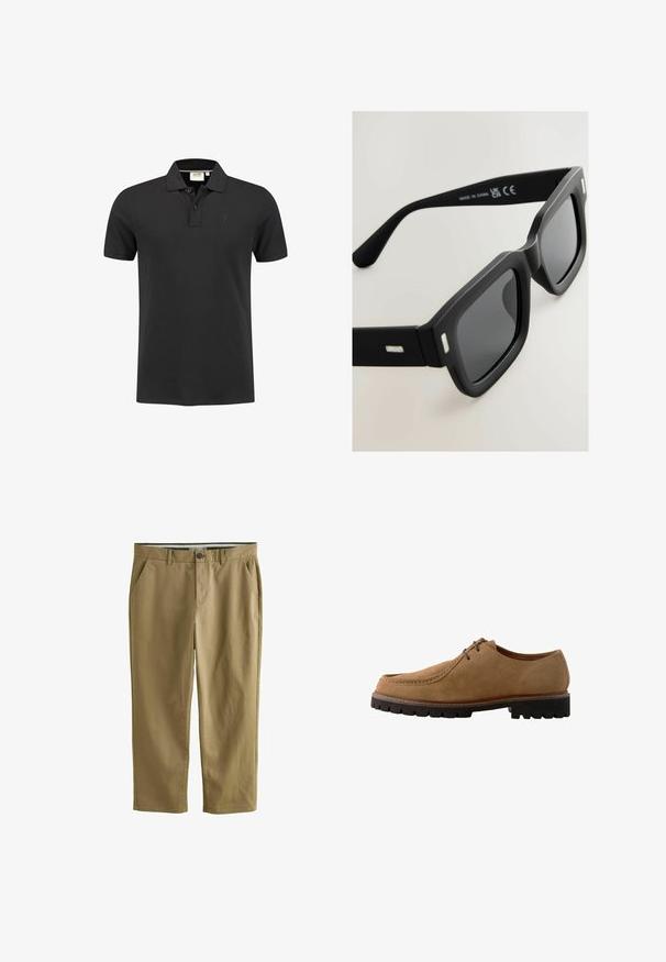 Shiwi JUSTIN czarny; Khaki chinos wykonane z mieszanki bawełny, z dwiema kieszeniami bocznymi, zapięciem na guzik, prostymi nogawkami i gładką teksturą.; Brązowe zamszowe buty na sznurówki z okrągłym czubkiem, ze stębnowaniem i kontrastującą czarną gumową podeszwą z głębokim bieżnikiem dla lepszej przyczepności.; Czarne prostokątne okulary przeciwsłoneczne z matowym wykończeniem, ciemnymi soczewkami i srebrnymi akcentami na zausznikach. Charakteryzują się grubą konstrukcją oprawek i gładką powierzchnią.
