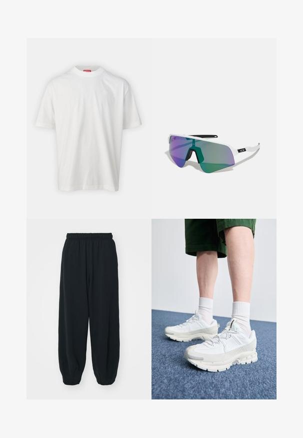 Bílá bavlněná tričko s kulatým výstřihem, krátkými rukávy a malým embosovaným logem na přední straně. Jednoduchý, klasický design.; Černé teplákové kalhoty s elastickým pasem, volným střihem, manžetami na kotnících, hladkým povrchem a bez viditelných vzorů či kovových detailů.; Bílé sportovní boty s texturovanými překryvy, masivní podrážkou a šedými akcenty. Na nohou mají bílé ponožky a zelené šortky na modrém povrchu.; Sportovní sluneční brýle s bílým rámem a velkými gradientními skly, které mají fialové a zelené odstíny; ostrý hranatý design s centrálním mostem na nose.